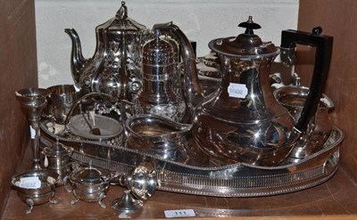 Lot 111 - Silver three piece cruet, a pair of silver bud vases (one damaged), four piece E.P.N.S teaset,...
