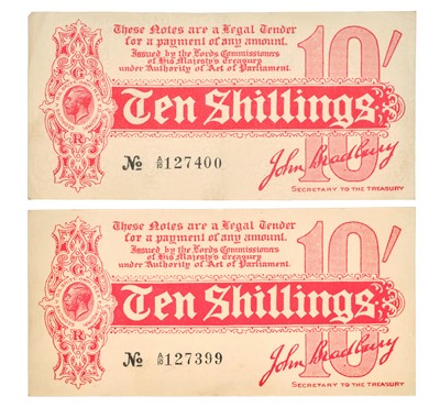 Lot 425 - 2x Treasury Issue, 10 Shillings, first...