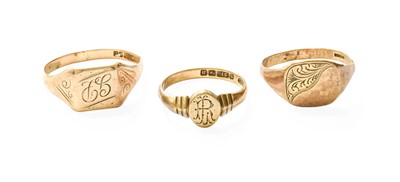 Lot 347 - Three 9 Carat Gold Signet Rings, finger size P...