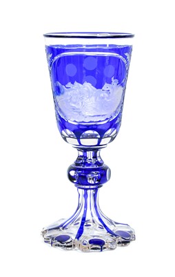 Lot 14 - A Bohemian Blue Overlay Clear Glass Goblet,...