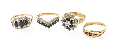 Lot 334 - Three 9 Carat Gold Sapphire and Diamond Rings,...