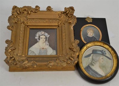 Lot 126 - Miniature portrait of Hannah More, a boy in skeleton suit and a lady in a beribboned hat (3)