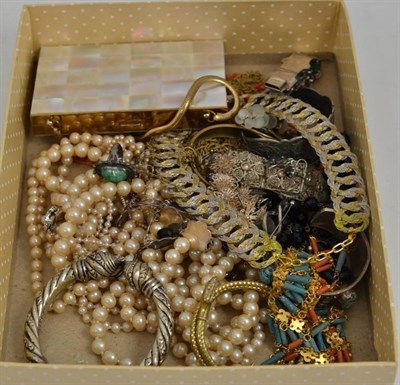 Lot 145 - Mother of pearl hinged compact, various costume jewellery, bracelets, necklaces, earrings etc, some