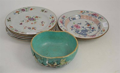 Lot 148 - Seven 18th century Chinese export plates and an 18th century Chinese melon tureen base