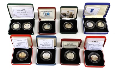 Lot 402 - 10x Royal Mint Silver Proof 50ps, 8x piedfort...