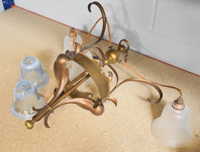 Lot 1350 - An Arts & Crafts Brass Triple Ceiling Light,...