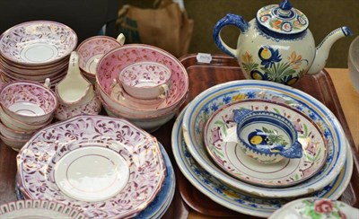 Lot 172 - Two trays of mostly 19th century ceramics including pink lustre teawares, Quimper teapot,...