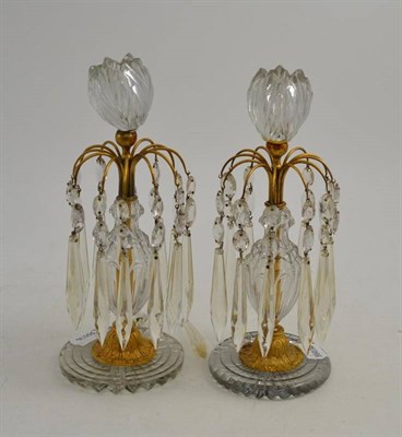 Lot 173 - A pair of early 19th century ormolu mounted cut glass lustre's with crystal drops, 27cm high