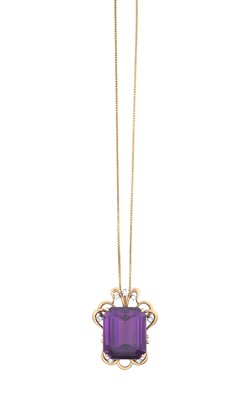 Lot 2249 - An Amethyst and Diamond Pendant on Chain the...