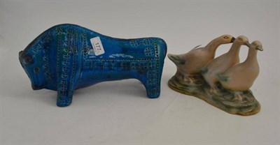 Lot 177 - A turquoise glazed bull, a Danesby ware geese