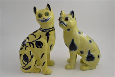 Lot 179 - A pottery cat and dog in the manner of Galle, probably Mosanic, each decorated with  typical...