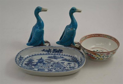 Lot 184 - A Chinese export blue and white porcelain oval dish, an enamel decorated bowl and two models of...