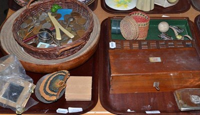 Lot 185 - Two trays of collectables including coins, baskets, badges, watches, etc