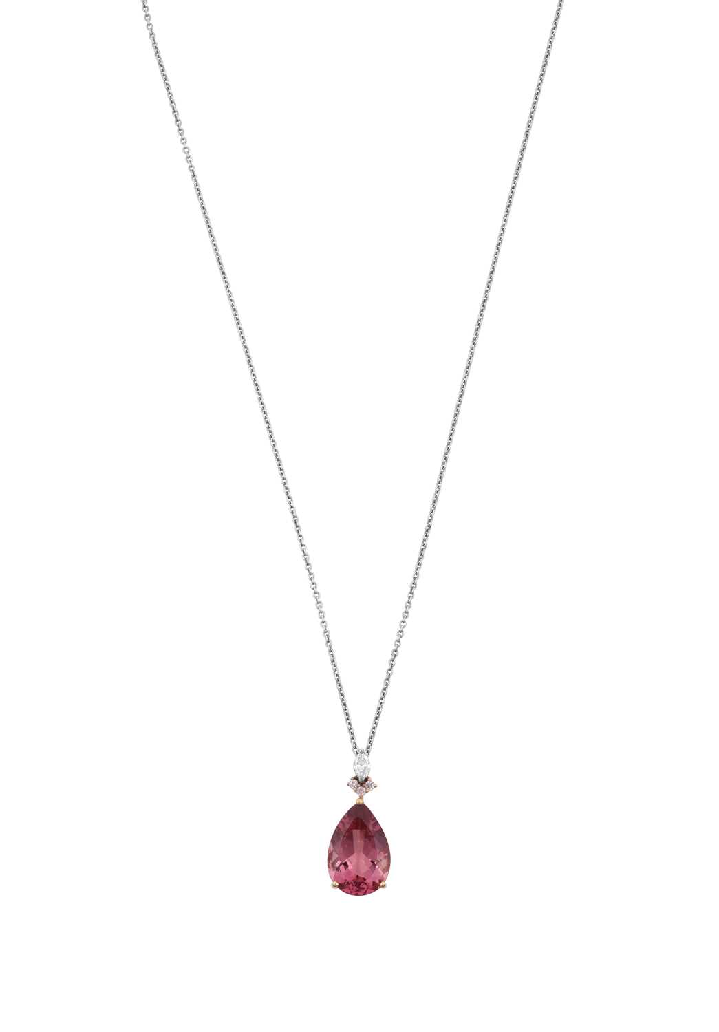 Lot 2271 - A Pink Tourmaline and Diamond Pendant on Chain...