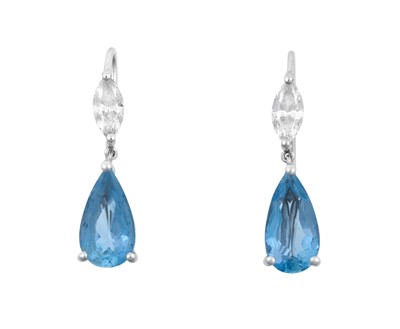 Lot 2278 - A Pair of Aquamarine and Diamond Drop Earrings...