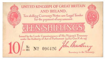 Lot 427 - Treasury Issue, 10 Shillings Note, Bradbury...