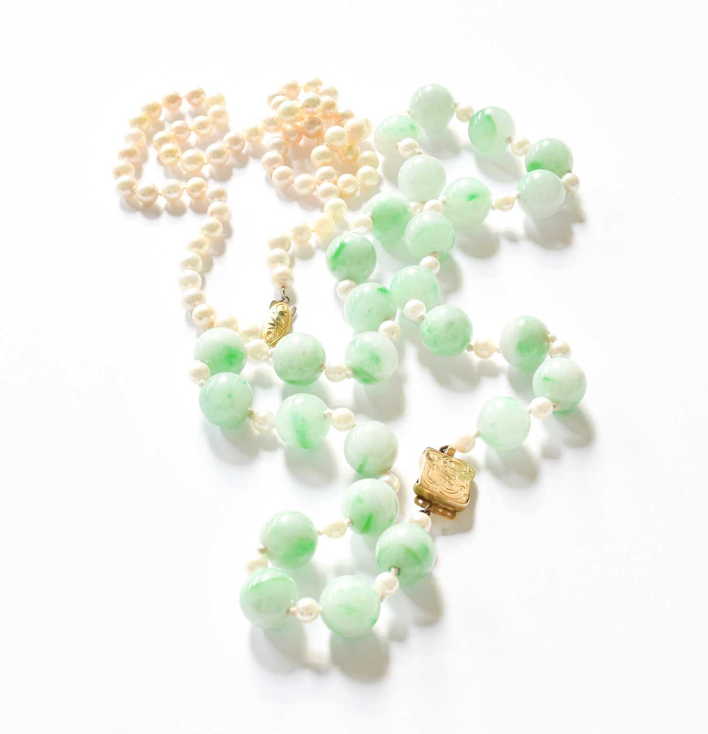 Lot 469 - A Jade Bead and Cultured Pearl Necklace,...