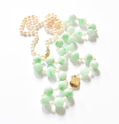 Lot 469 - A Jade Bead and Cultured Pearl Necklace,...