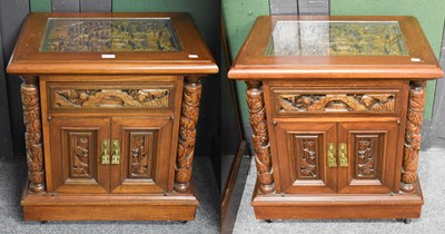 Lot 1214 - A Pair of Chinese Carved Low Bedside Cupboards,...
