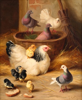 Lot 58 - Edgar Hunt (1876-1953) Hen, Chicks and Pigeons...