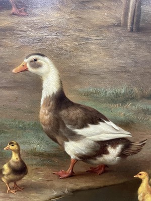 Lot 319 - Edgar Hunt (1876-1953) Farmyard pond with...