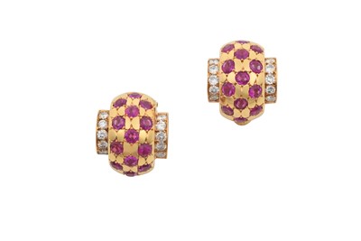 Lot 2040 - A Pair of Ruby and Diamond Cuff Earrings three...