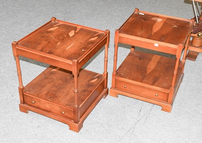 Lot 1330 - A Pair of Yew Wood Two Tier Bedside Tables,...