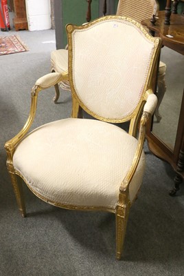 Lot 1260 - A French Giltwood Fauteuil, with shield back,...