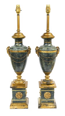 Lot 281 - A Pair of Gilt and Green Marbled Metal Lamp...