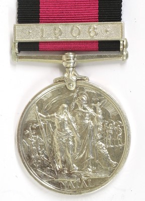 Lot 84 - A Natal Rebellion Medal 1906, with clasp 1906,...