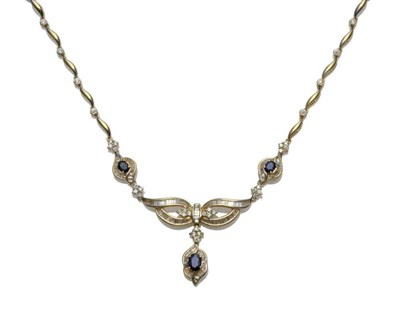 Lot 478 - A Sapphire and Diamond Necklace, comprising curved yellow bars spaced by collet set round brilliant