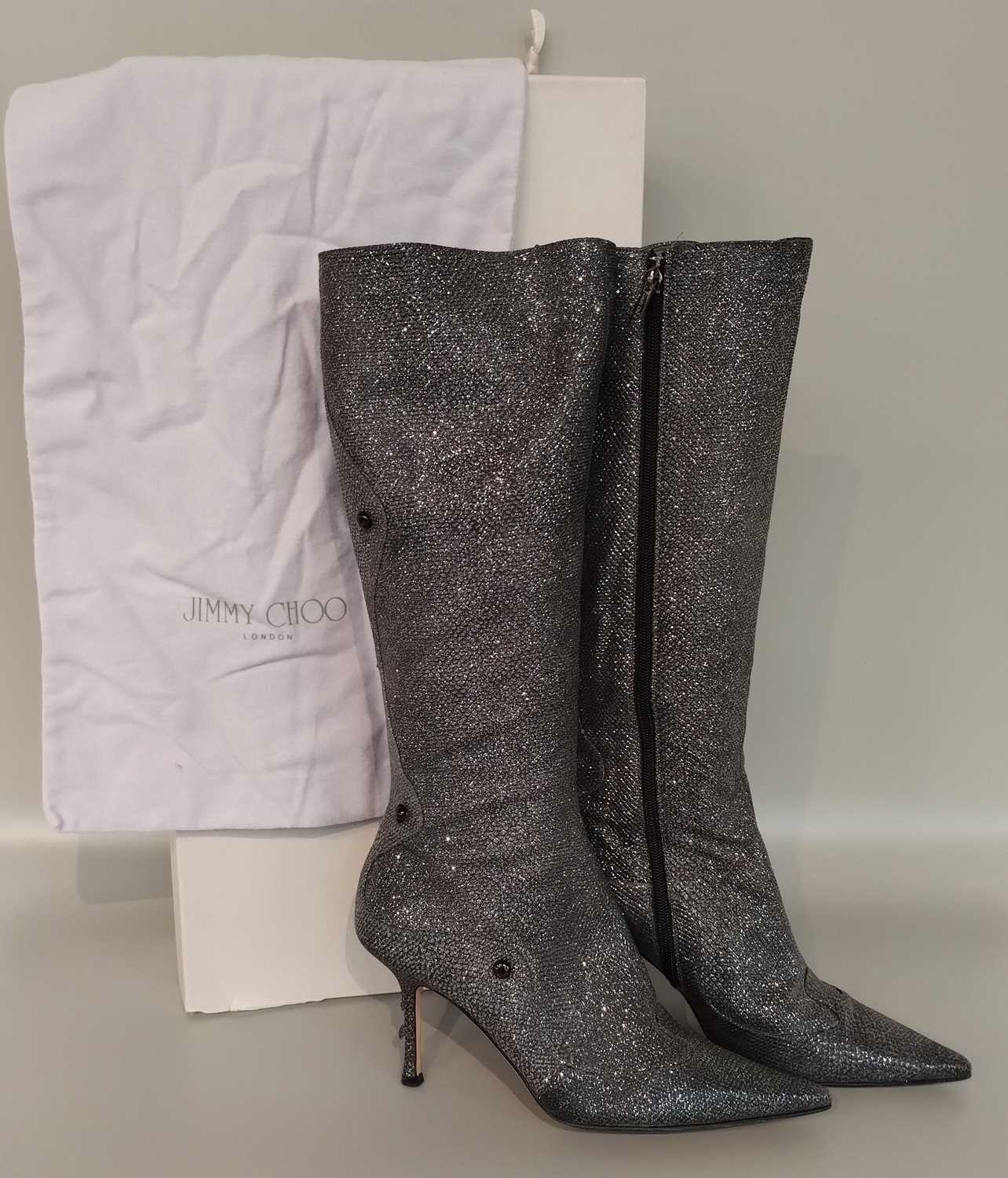 Lot 1002 - Pair of Jimmy Choo Pewter Snake Sparkle Knee...