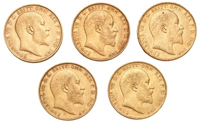 Lot 221 - 5x Edward VII, Sovereigns 1910; all grading at...