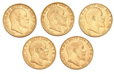 Lot 210 - 5x Edward VII, Sovereigns, 1904, 1905, 1906...