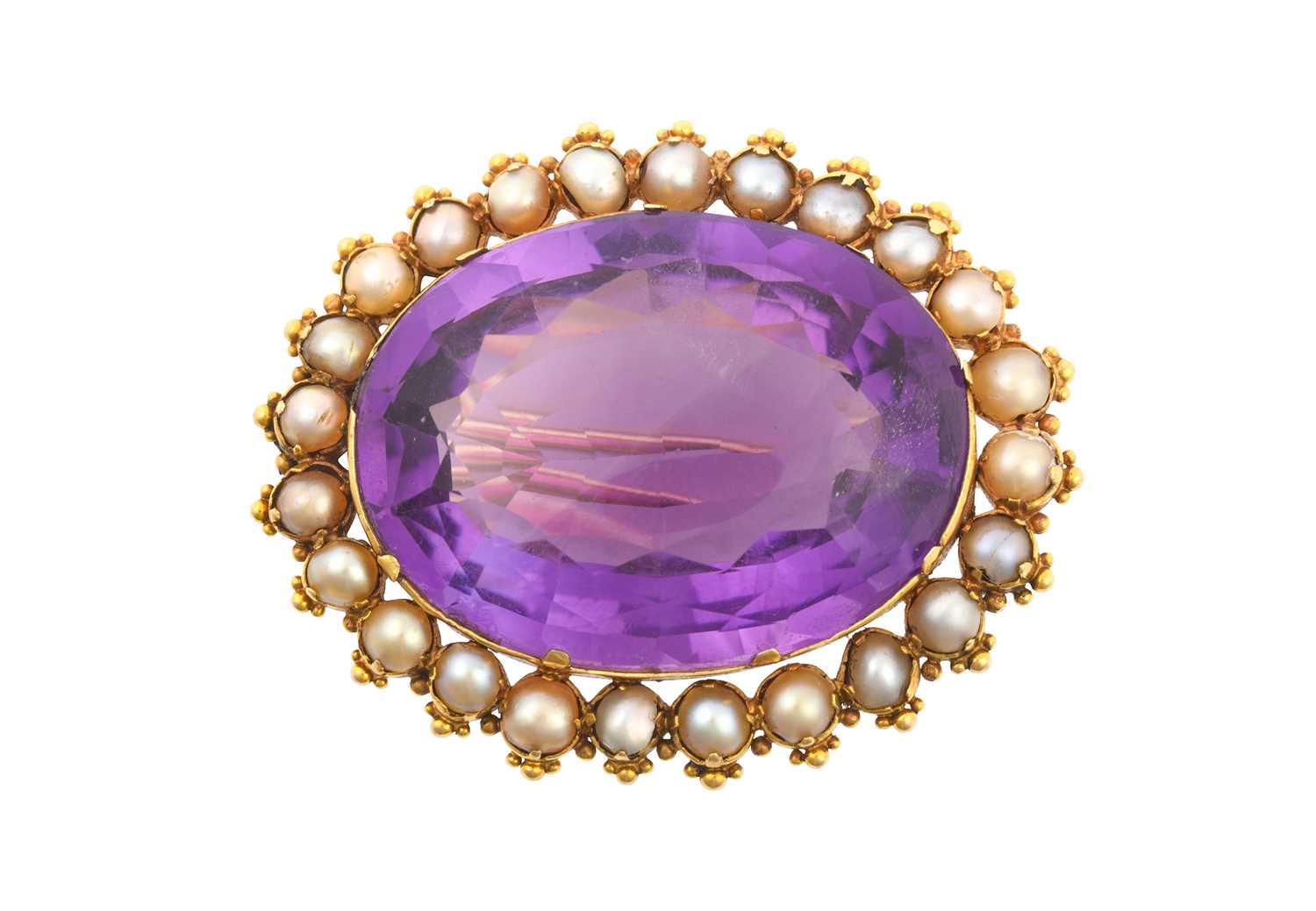 Lot 2135 - An Amethyst and Split Pearl Brooch the oval...