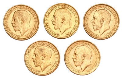 Lot 225 - 5x George V Sovereigns, date run, 1911, 1912,...