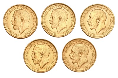 Lot 228 - 5x George V Sovereigns, date run, 1911, 1912,...