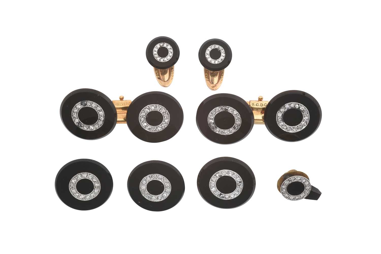 Lot 2122 - A Diamond and Onyx Cufflink, Button and Dress...