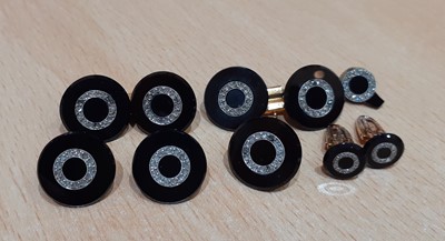 Lot 2122 - A Diamond and Onyx Cufflink, Button and Dress...