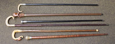 Lot 201 - Six Walking Sticks/Canes, one cane with horn...