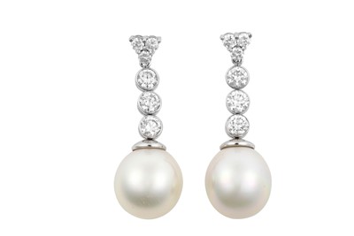 Lot 2265 - A Pair of Cultured Pearl and Diamond Drop...