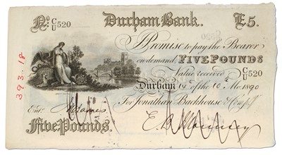 Lot 437 - Durham Bank £5, 14th October 1890, serial no....