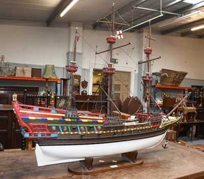 Lot 1207 - A Painted Wooden Model of a Triple Masted Ship,...