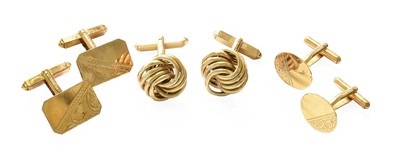 Lot 387 - Three Pairs of 9 Carat Gold Cufflinks, each...