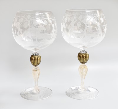 Lot 282 - A Near Pair of Murano Glass Wine Goblets, the...