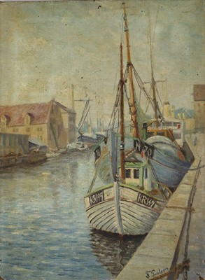 Lot 1123 - F Paulsen (20th Century) Moored fishing boats...