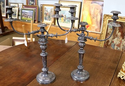 Lot 153 - A Pair of Silver Plate Three-Light Candelabra,...