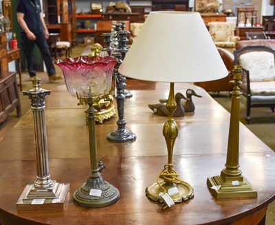 Lot 333 - Silver Plated Table Lamp,  two brass lamps and...