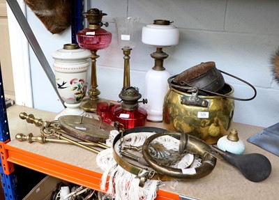 Lot 329 - Three Oil Lamps, cooking pots, fire irons, car...