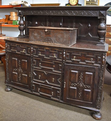 Lot 1236 - A Jacobean Style Oak Buffet, with geometric...